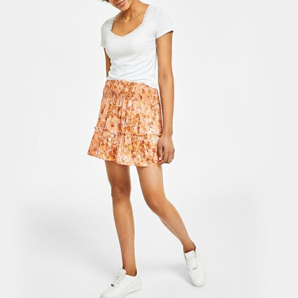 HIPPIE ROSE Juniors' Printed Floral Pink & Orange Smocked-Waist Mini Skirt NWT